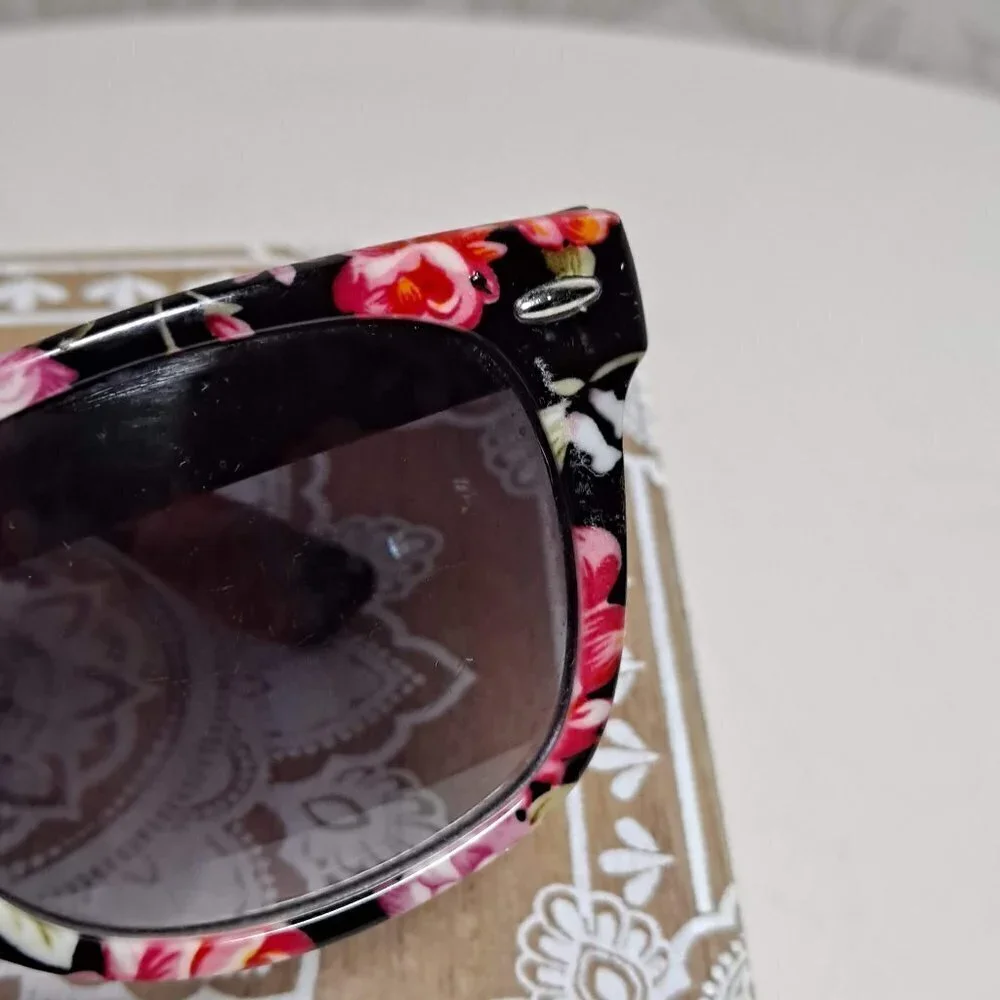 Floral Sunglasses Pink Roses on Black Background, Tinted Lenses